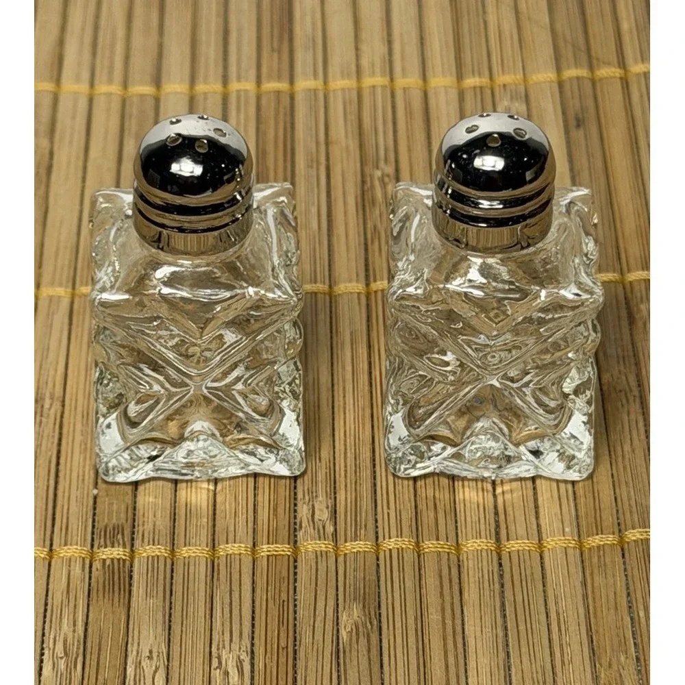 Vtg Star Glass Works Pressed Glass & Silverplate Square Salt & Pepper Shakers